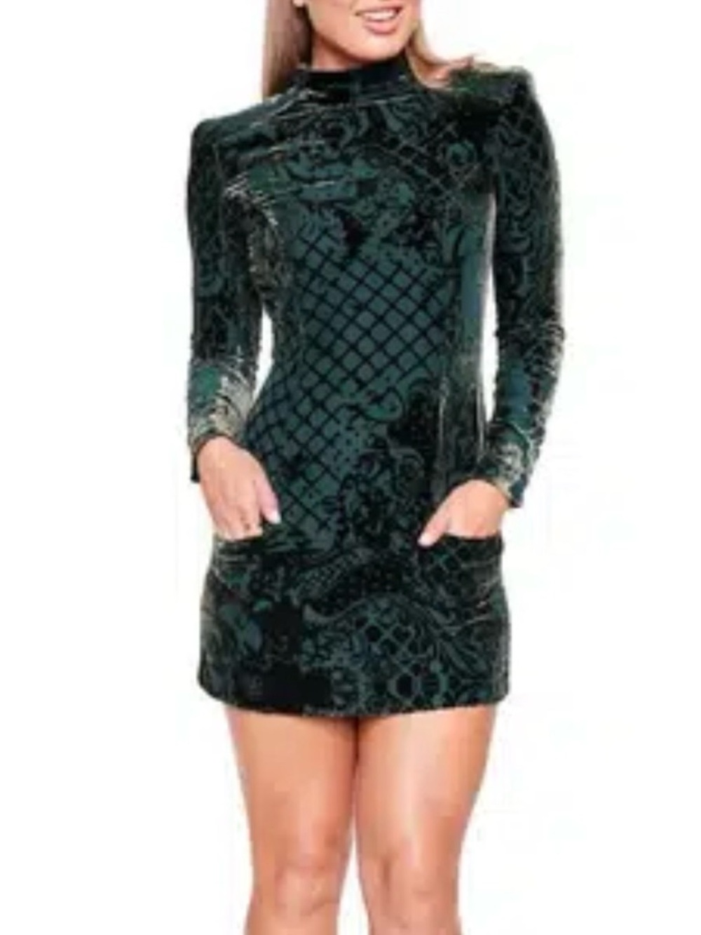 Balmain x H&M Emerald Green Velvet Burnout Mini Dress Gold Zip Size 10